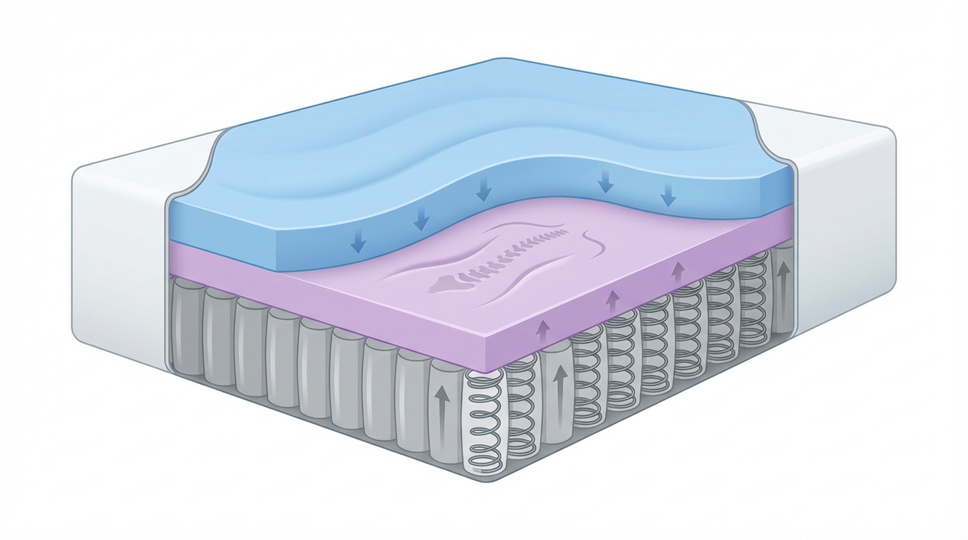 Infographic showing what type of mattress is best for back pain construction and layers