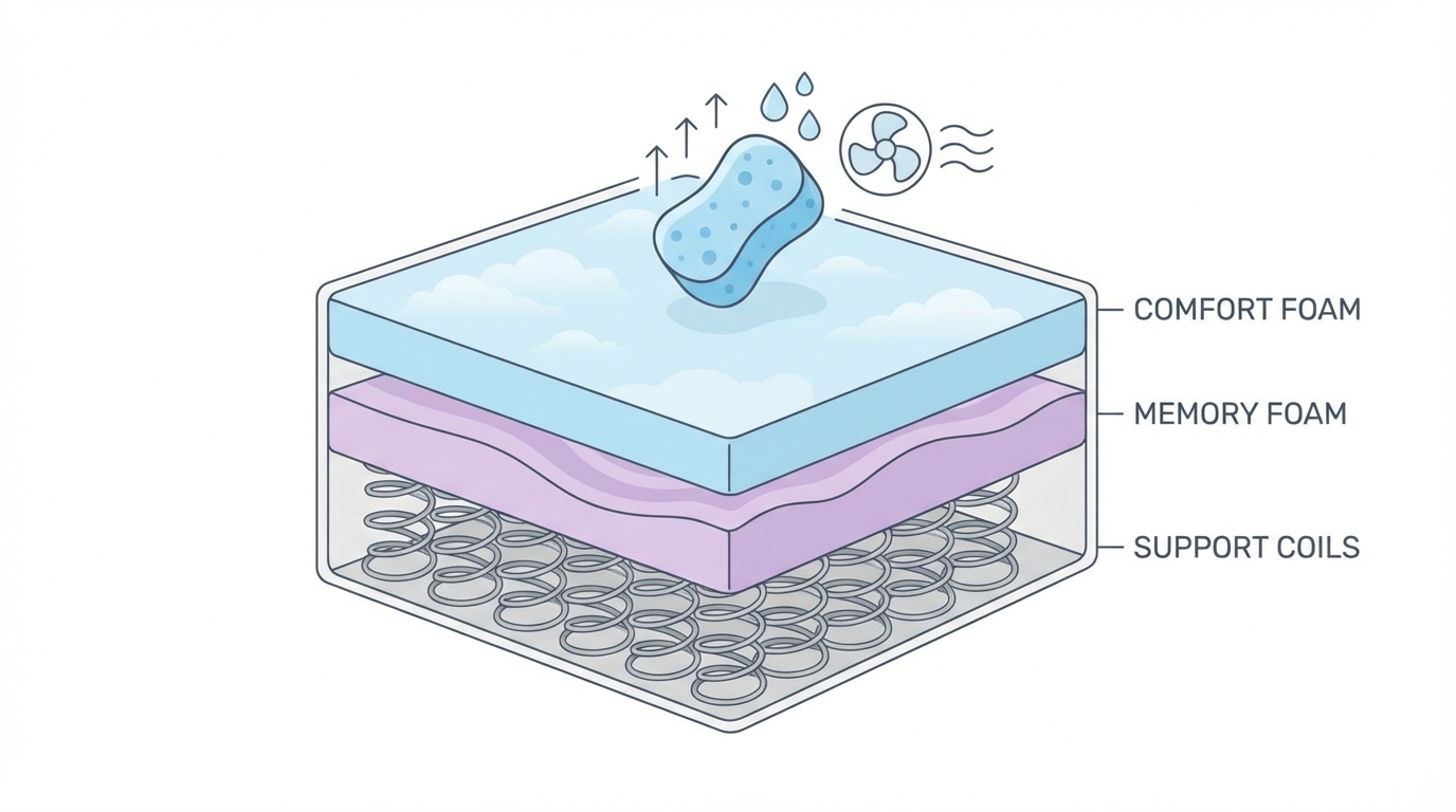 Infographic showing get urine out of a mattress construction and layers