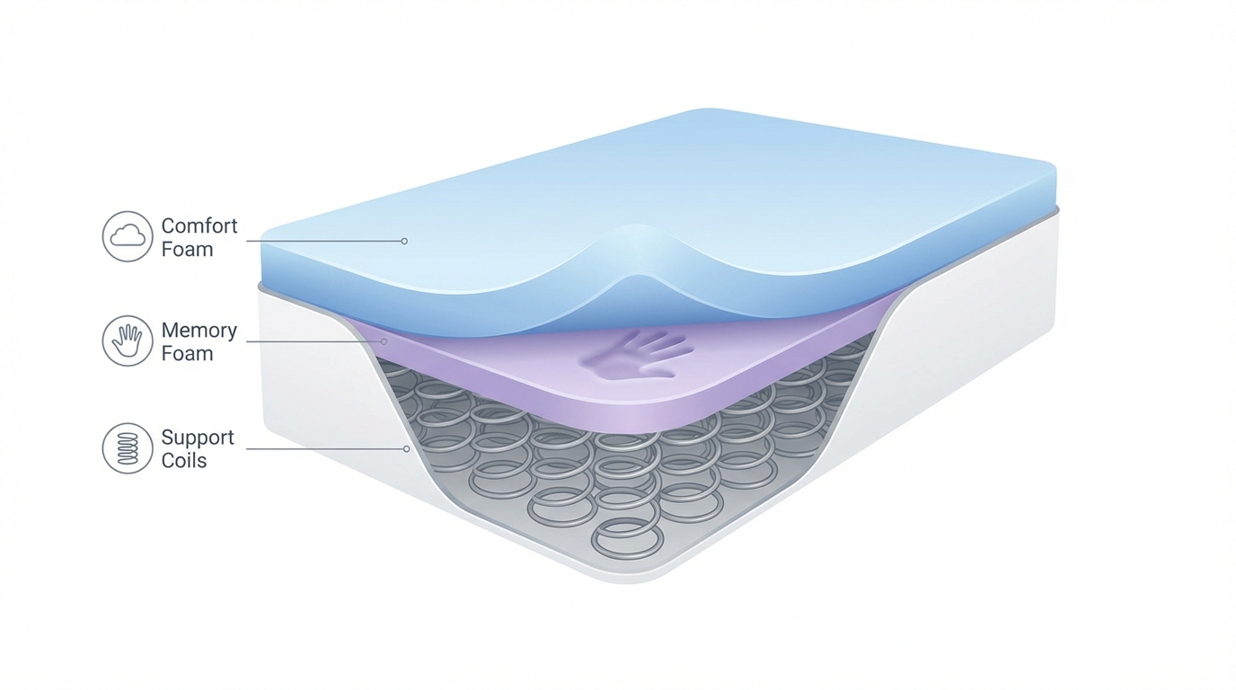 Infographic showing where to buy cheap mattress construction and layers