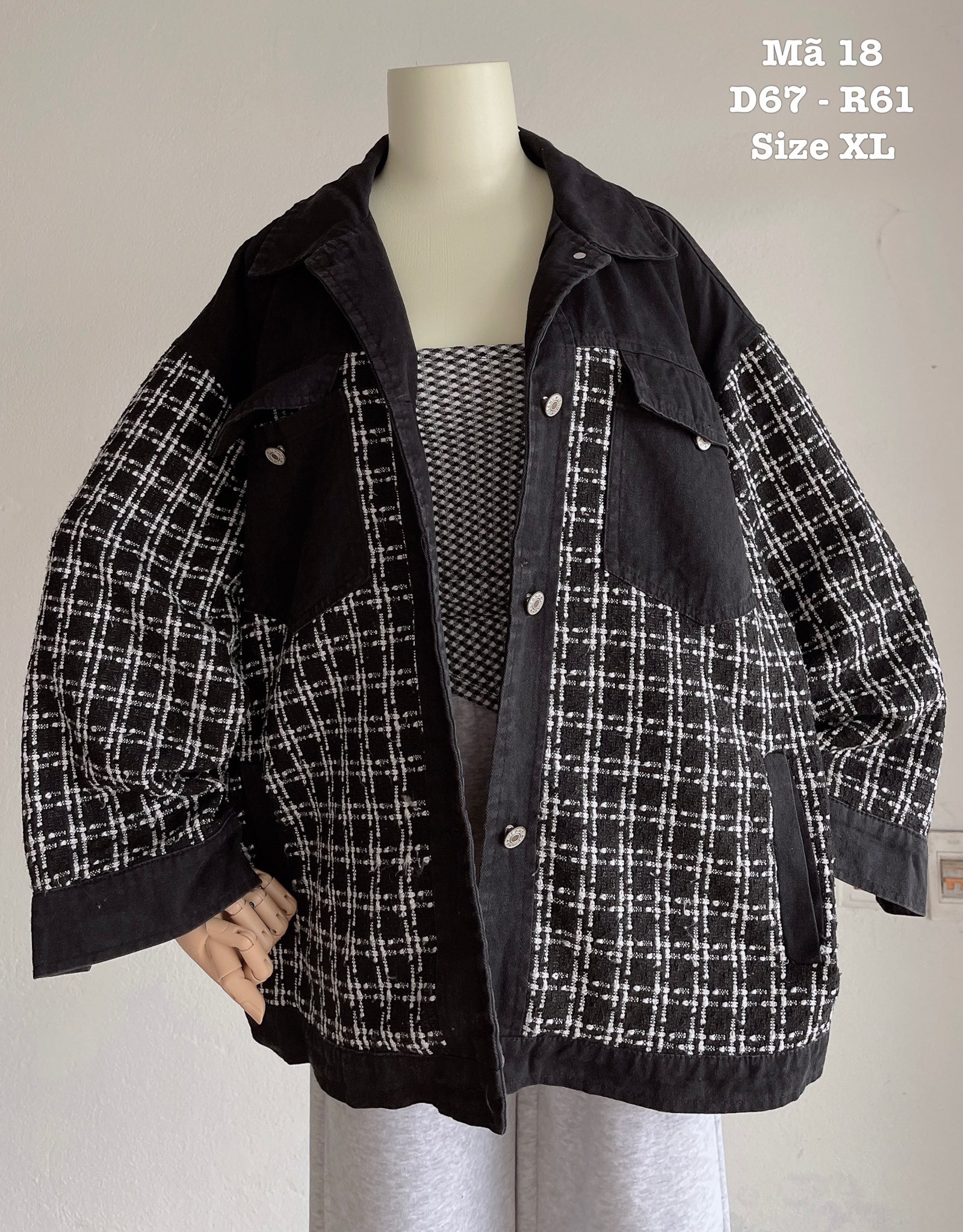Áo khoác dạ tweed phối denim