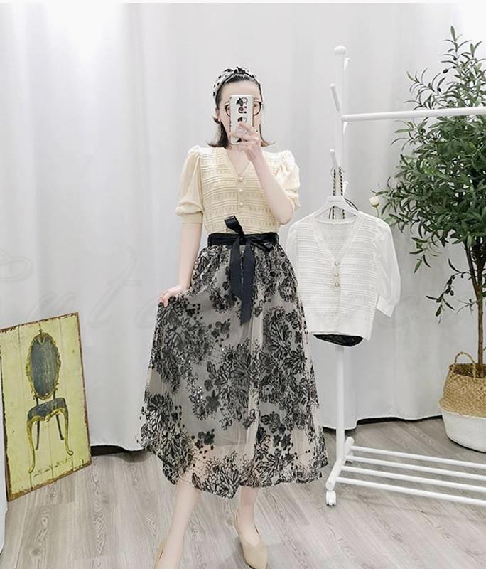 Baen beig thêu hoa đen sequin siêu sang