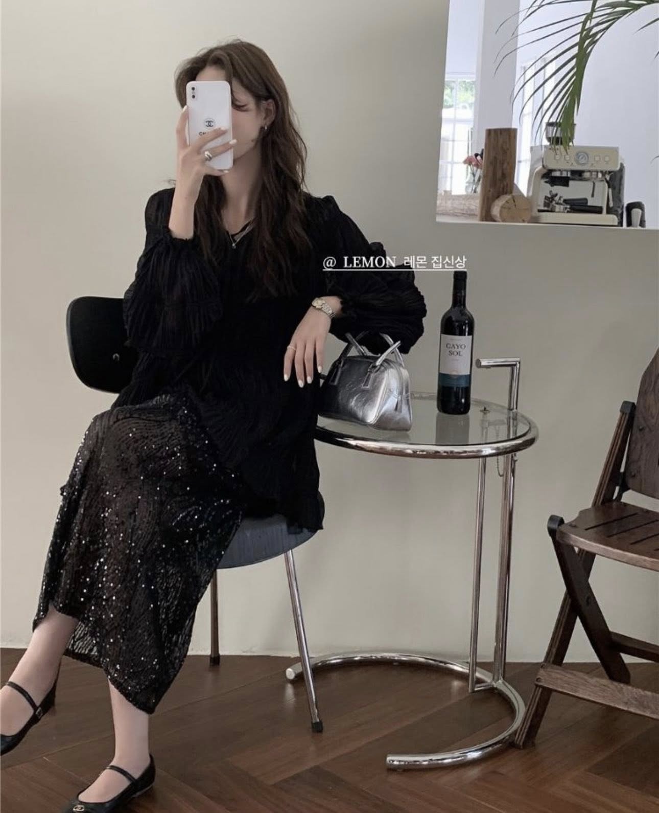 Váy đen tầng nhún bèo đẹp sang