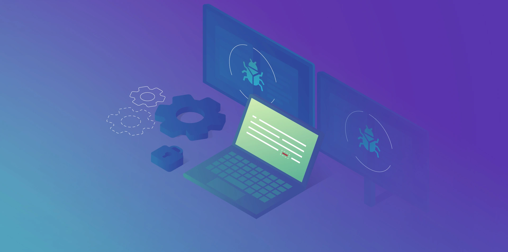 A simple graphic of a computer solving a bug on a background with a purple gradient arc.
