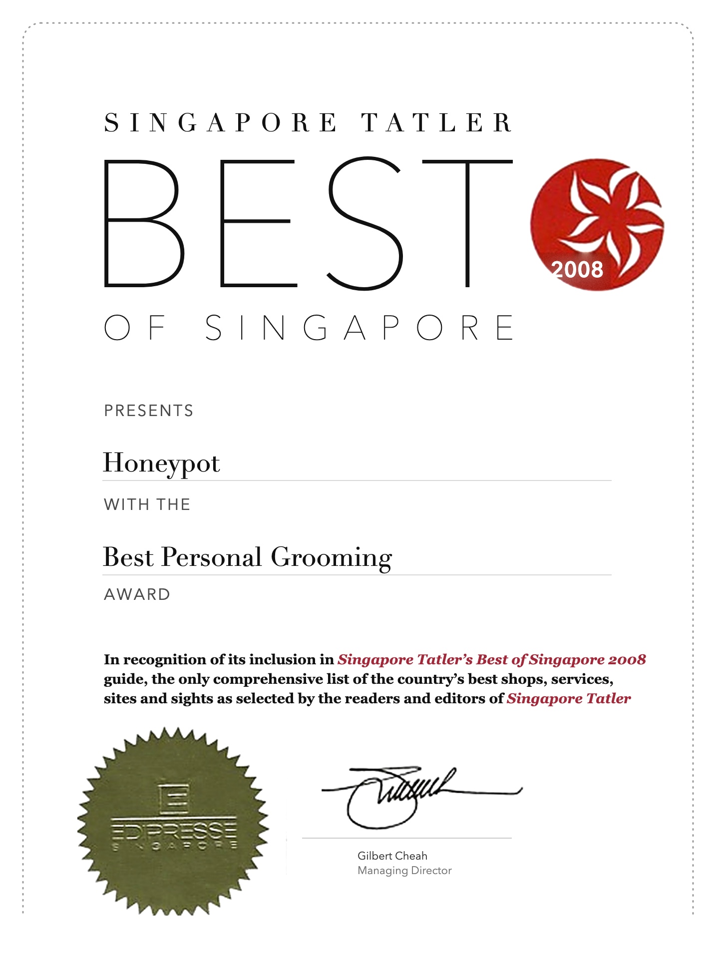 Singapore Tatler 2008 — Шилдэг хувийн арчилгаа