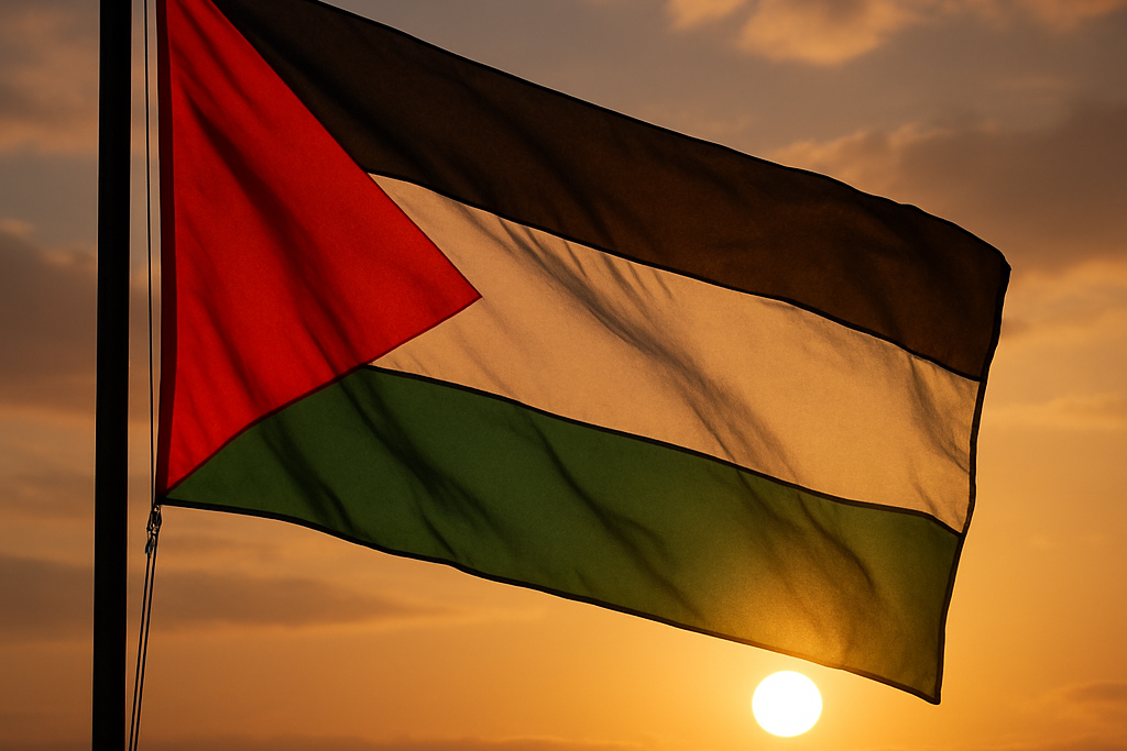 A Palestinian flag flutters on a pole with the sun setting behind it, casting a warm golden glow across the sky.