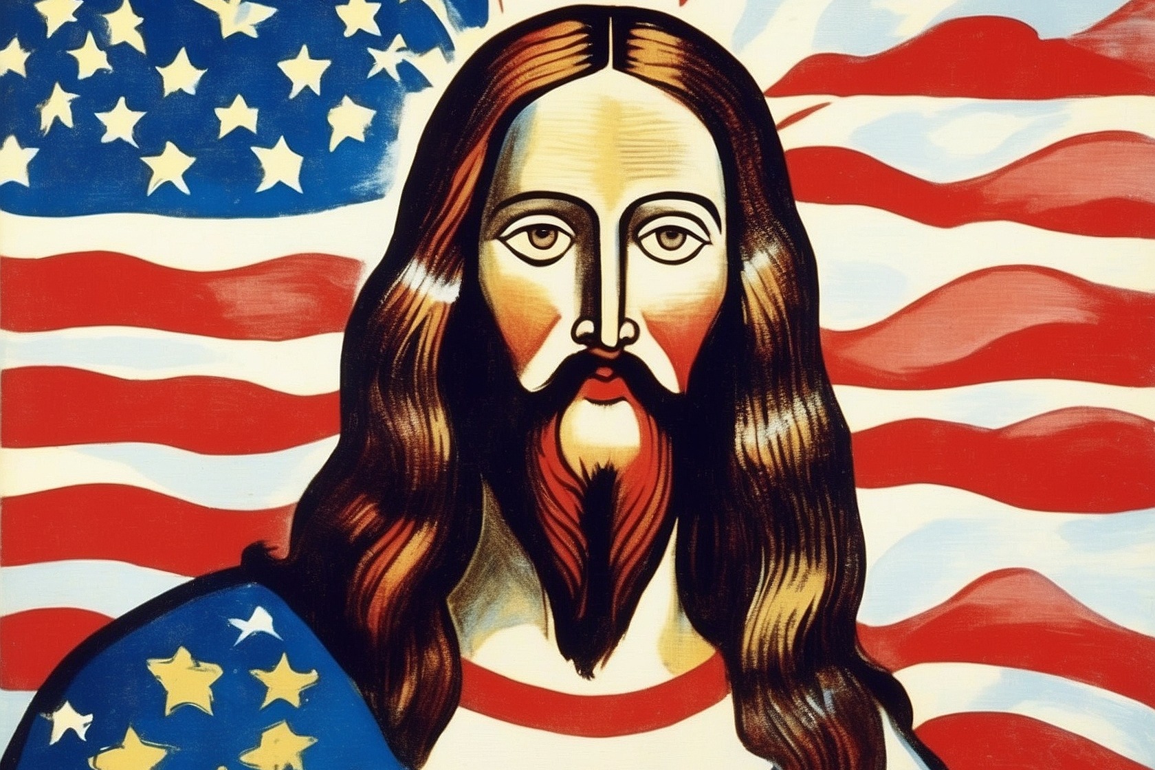 Folk-art style painting of Jesus Christ with long hair and beard, wearing a white robe with a blue sash covered in gold stars, set against a large American flag with a blue star floating above his head.