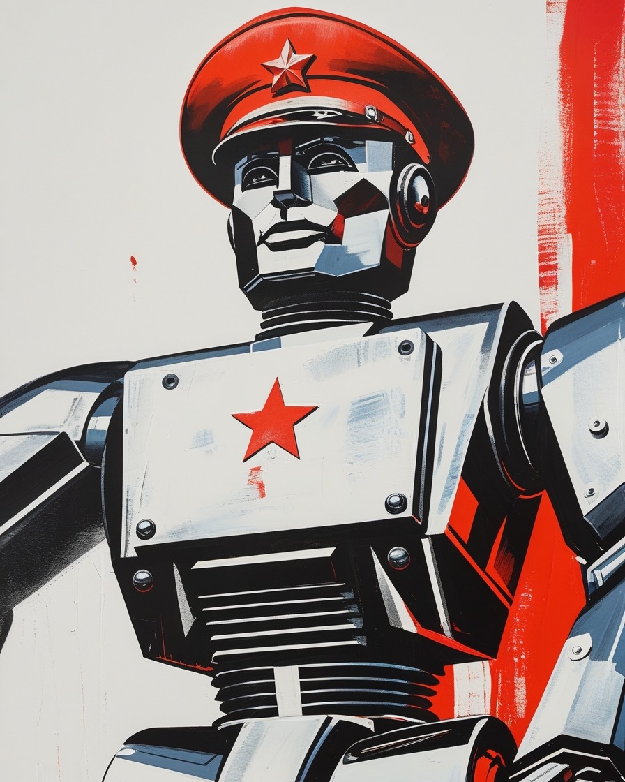 Stylised 1950s-style robot in a red Soviet hat, symbolising mass-produced online propaganda bots.