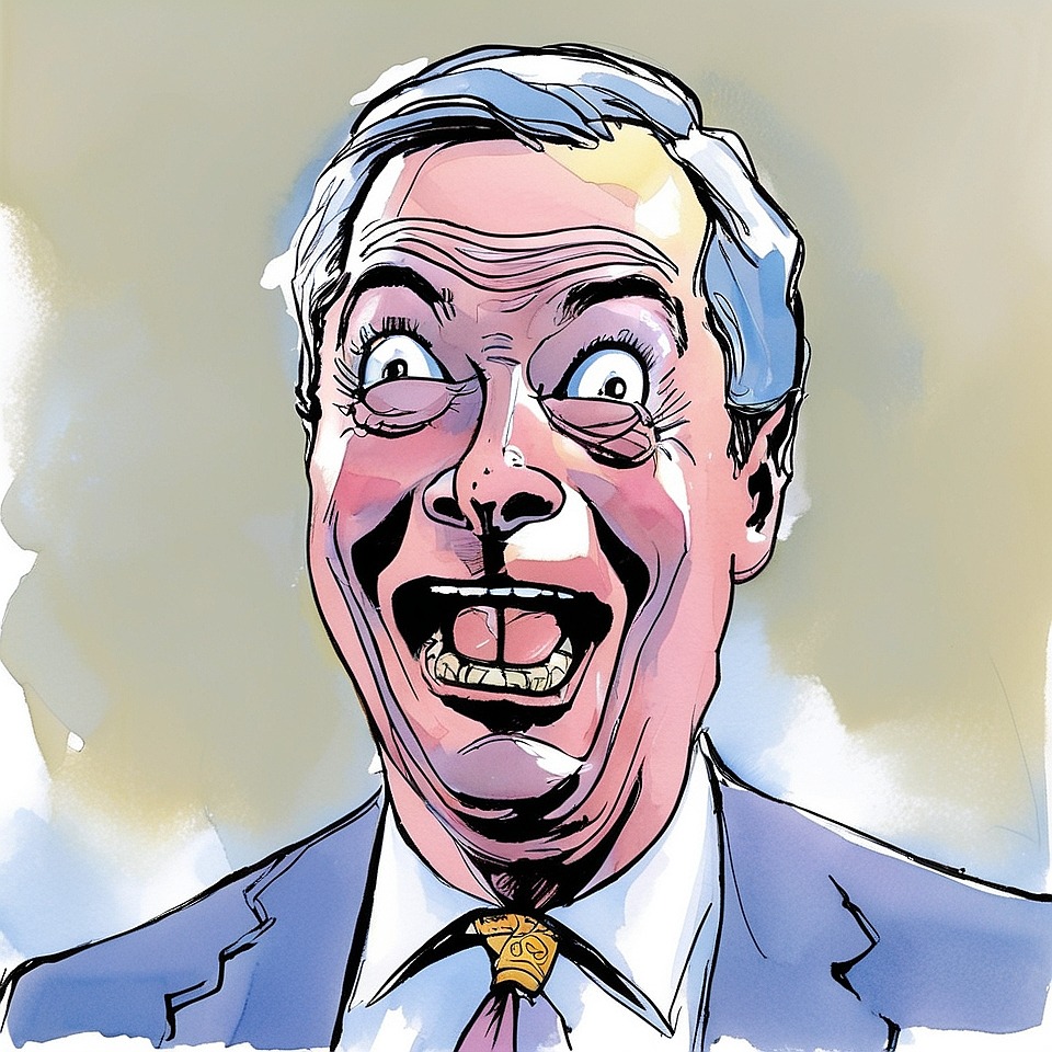 Caricature of Nigel Farage in a suit and tie with a wide, manic grin, drawn in a satirical cartoon style.