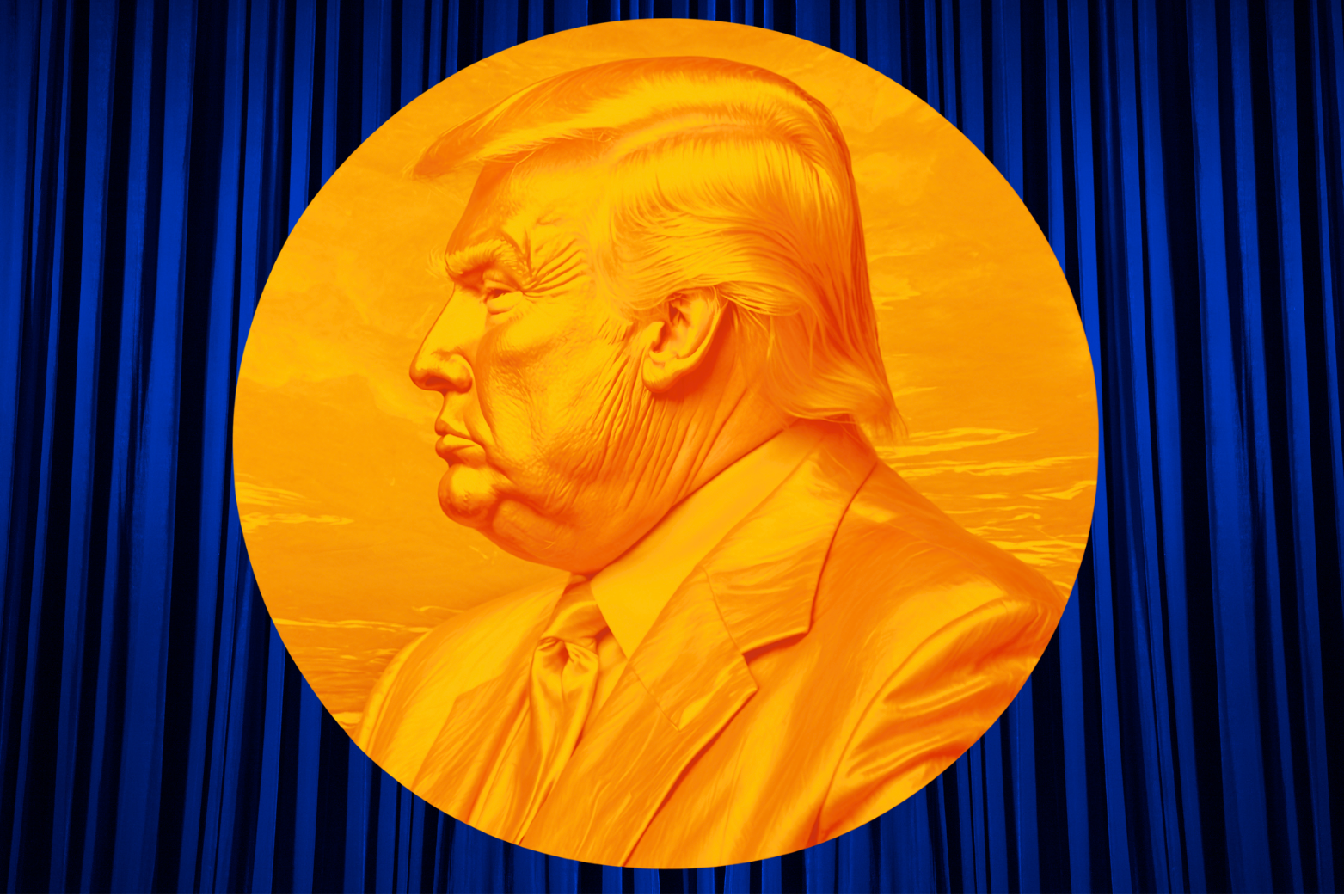 Stylised digital artwork showing a side-profile relief of a Donald Trump in orange inside a circular frame, overlaid with a "reject" stamp, on a blue curtain background.