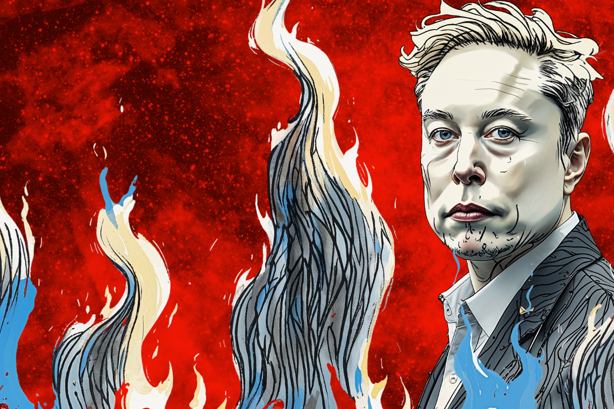 Illustration of Elon Musk in a suit standing against a vivid red background surrounded by stylised blue and white flames, symbolising chaos and controversy.
