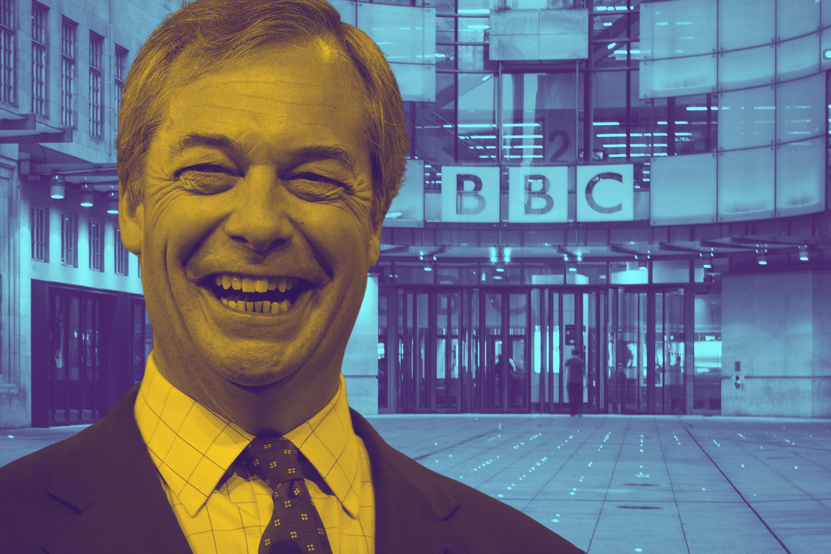 A colour-treated photo composition showing a smiling Nigel Farage in front of the BBC headquarters. His face is tinted yellow while the BBC building behind him is tinted blue, creating a stark contrast that emphasises the uneasy relationship between political figures and the broadcaster.