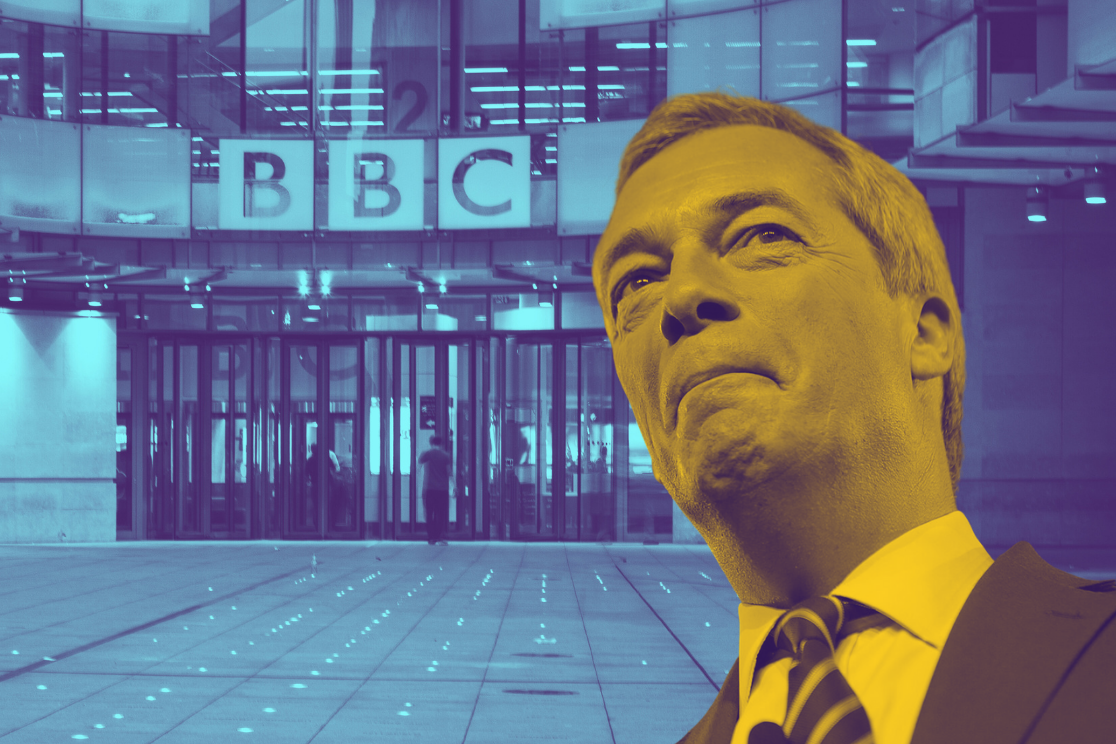 A colour-treated photo composition showing a smiling Nigel Farage in front of the BBC headquarters. His face is tinted yellow while the BBC building behind him is tinted blue, creating a stark contrast that emphasises the uneasy relationship between political figures and the broadcaster.