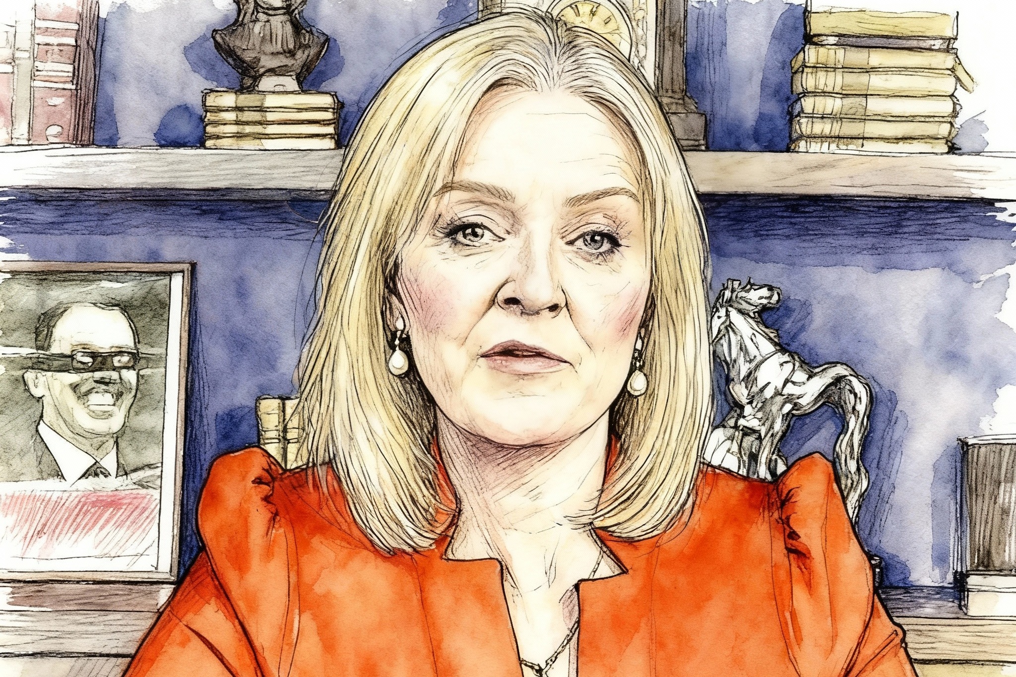 A stylised illustration of Liz Truss in a bright orange outfit speaking on camera at a desk. She sits in front of dark blue shelves lined with books, a silver horse sculpture, and a framed photograph of a smiling suited man. Her hands are clasped, and she wears a microphone clipped to her clothing.