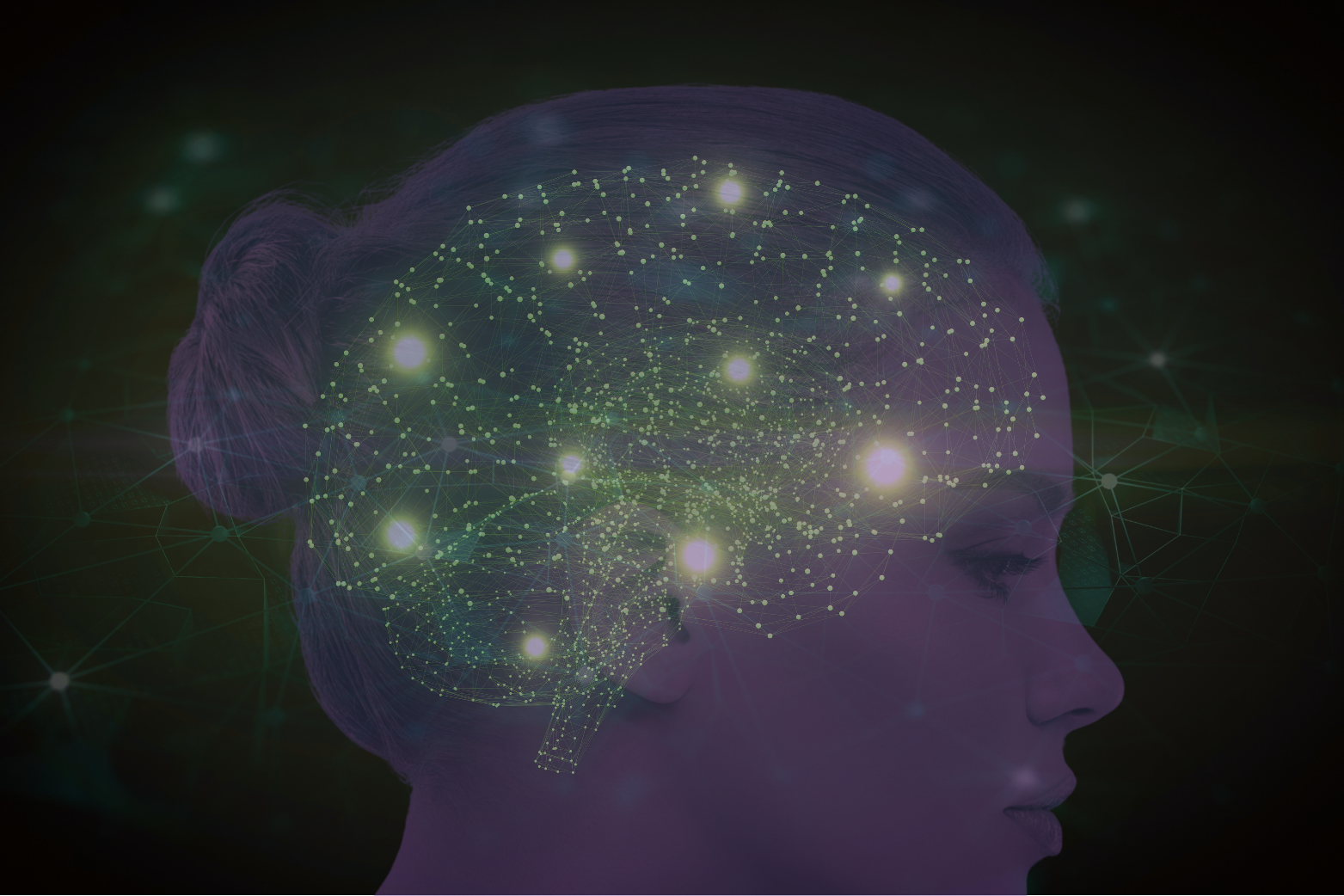 Side-profile illustration of a human head with a semi-transparent brain overlaid by glowing nodes and connecting lines, representing a digital or artificial intelligence network inside the brain against a dark background.