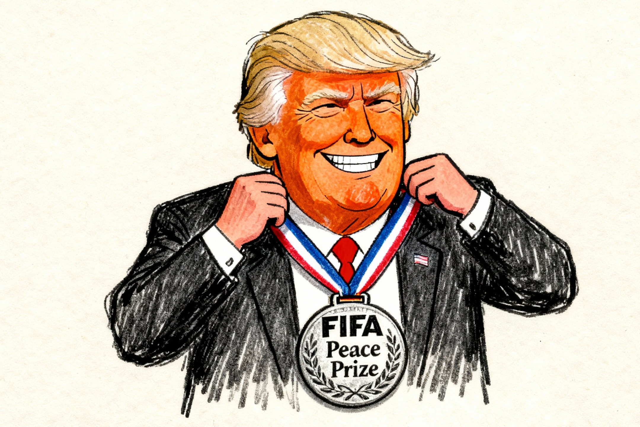 Illustration of Donald Trump on a theatrical stage, placing an oversized gold medal reading “FIFA Peace Prize” around his own neck under bright spotlights, smiling confidently as red curtains and ceremonial backdrops frame the scene.