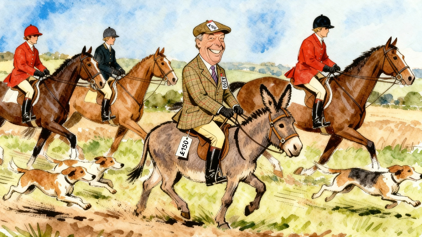 Illustrated scene of Nigel Farage riding a donkey at a hunt meet, wearing traditional hunting attire with visible price tags attached, surrounded by riders on horseback and hounds in a countryside setting.