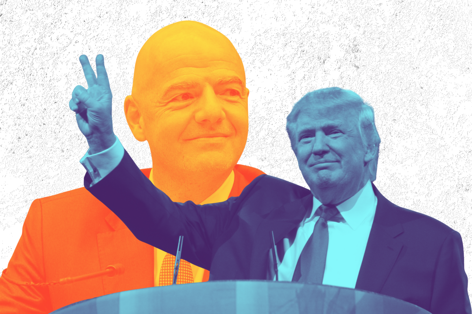 A stylised composite image showing Gianni Infantino in the background and Donald Trump in the foreground at a podium, rendered in contrasting colour overlays, with Trump raising a two-finger gesture.