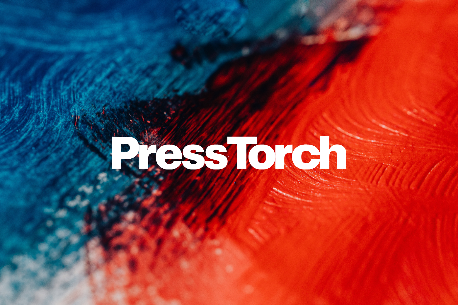 White “PressTorch” text centred over an abstract background of textured red and blue paint blending together.