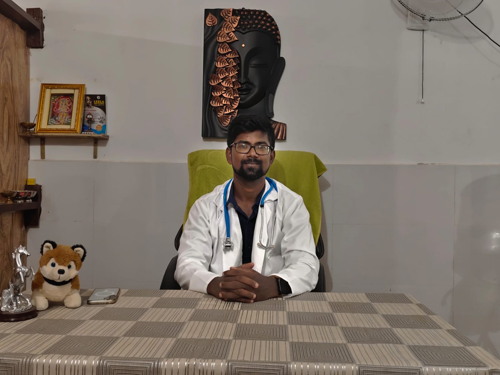 Veterinarian examining a happy dog