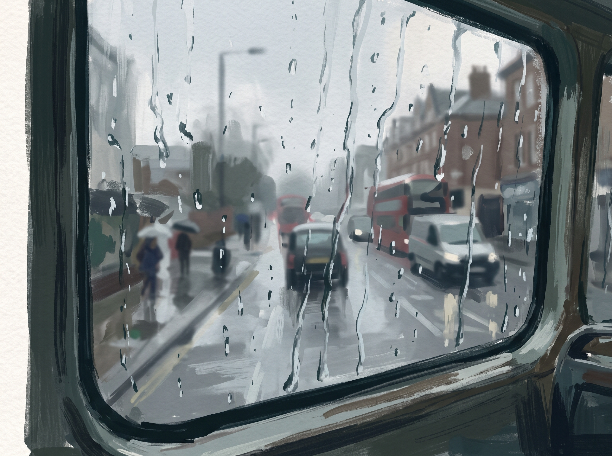A rain-streaked bus window