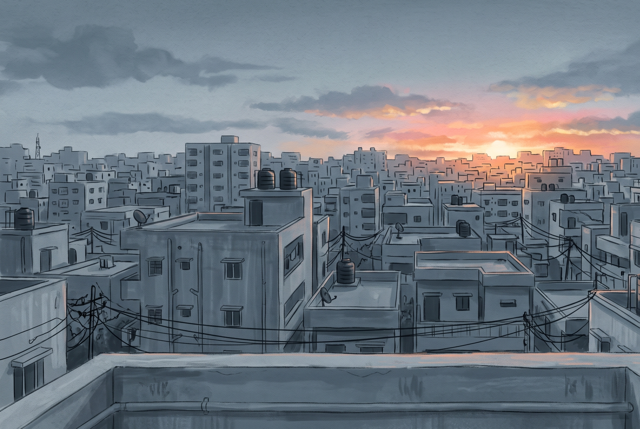 A terrace sunrise over an Indian skyline, spot colour