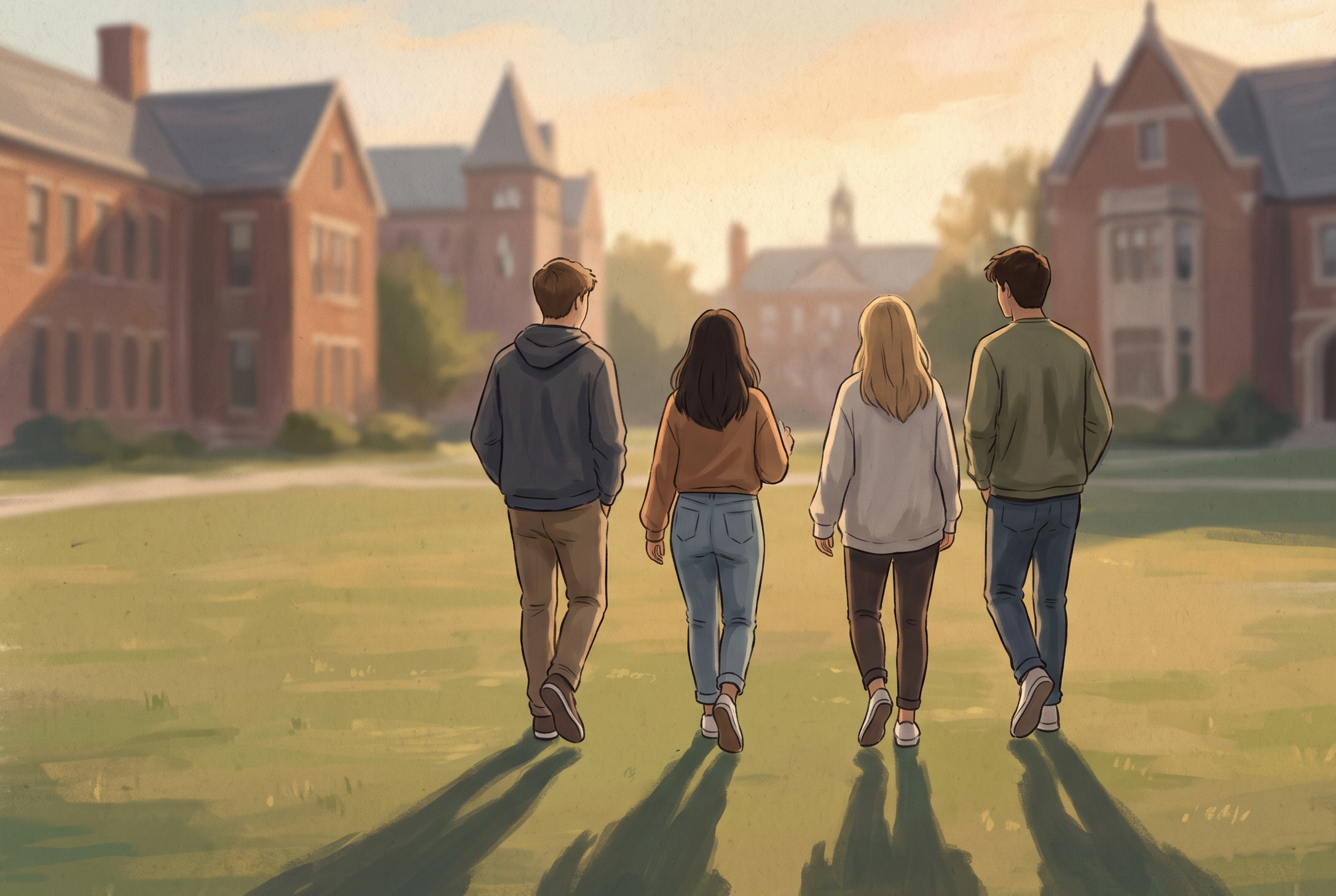 Friends walking away across the lawn, backs to camera