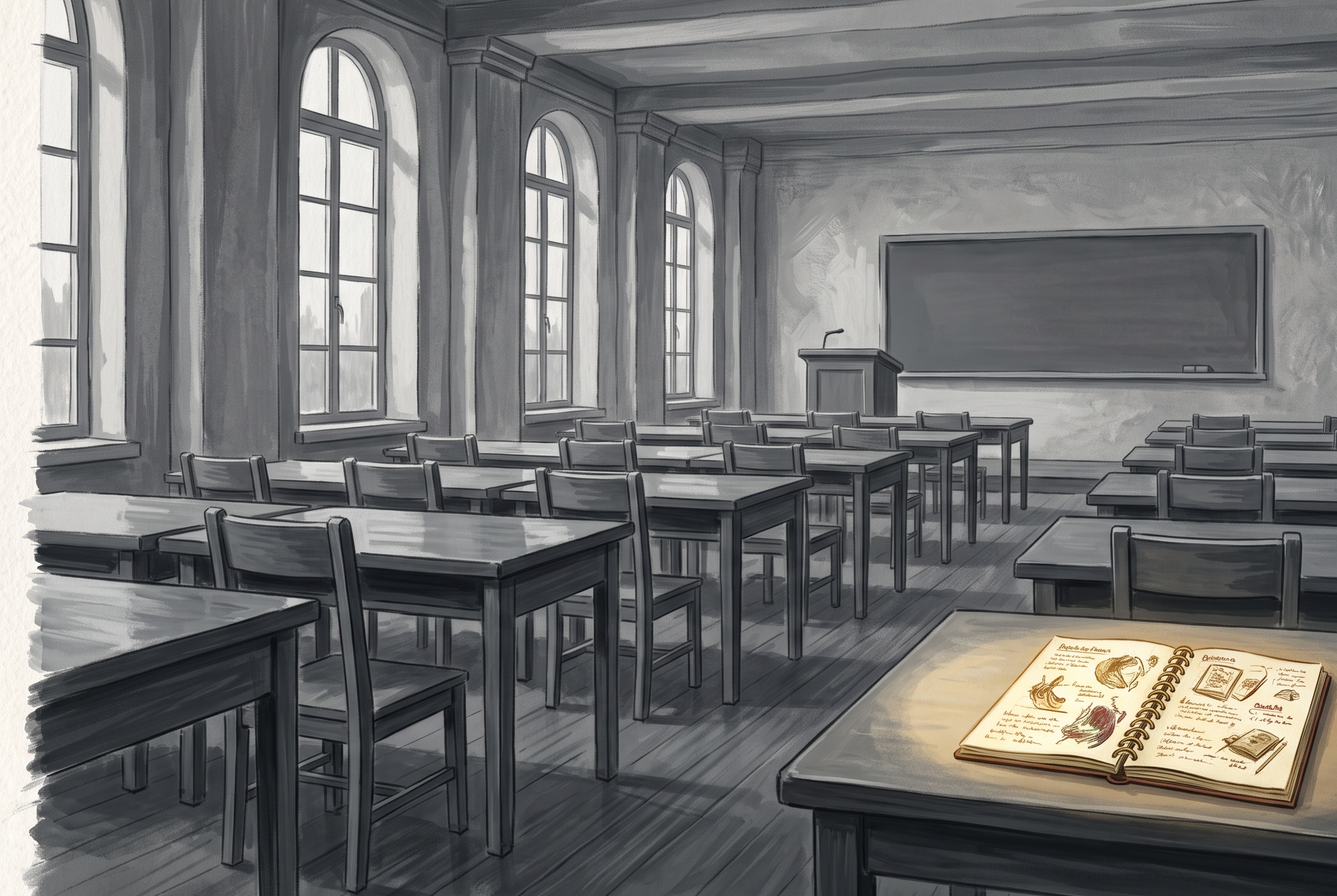A greyscale lecture hall with a single page in colour