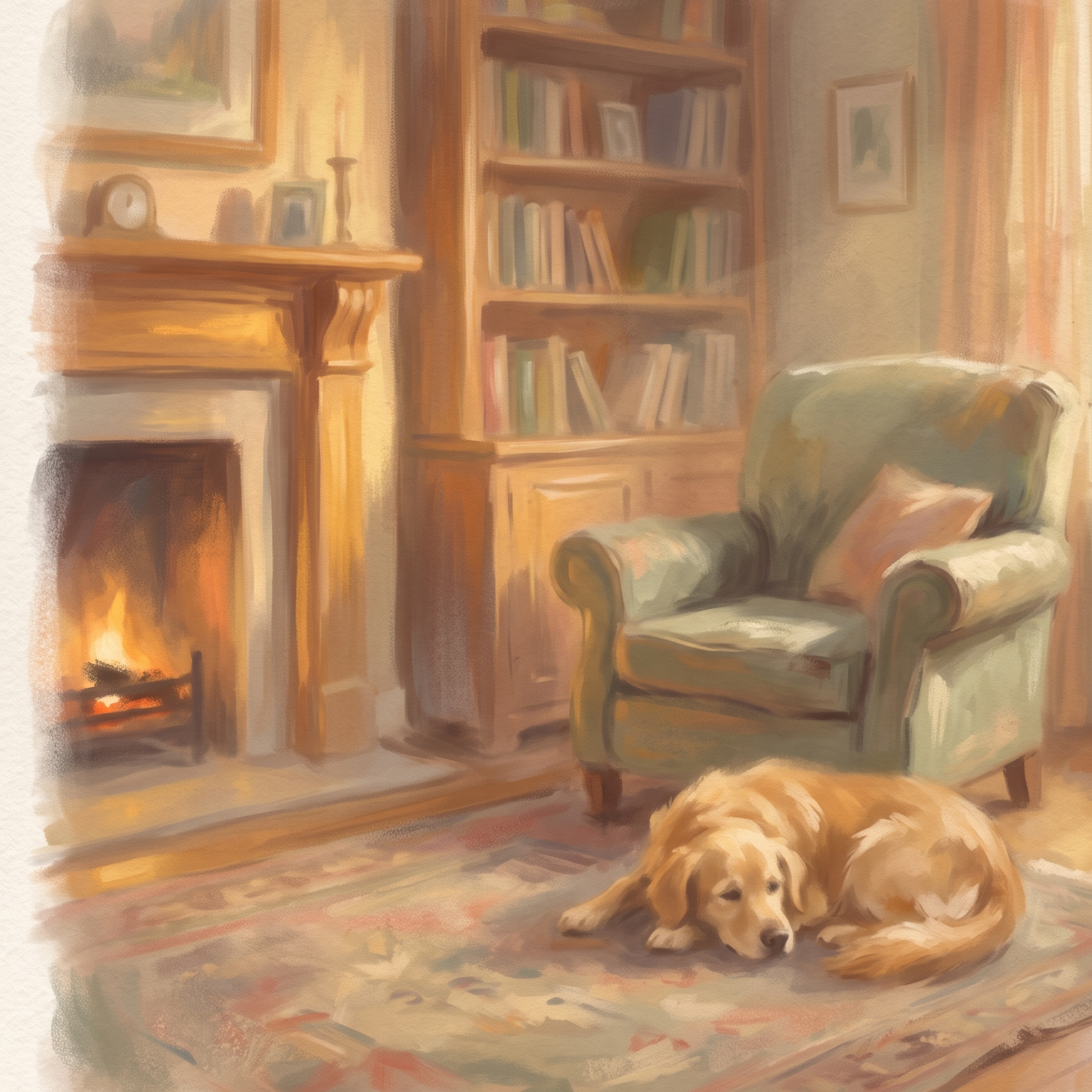 Home &mdash; a golden retriever by the fire