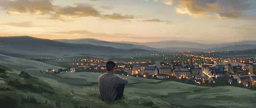 A hillside with city lights below and a seated figure