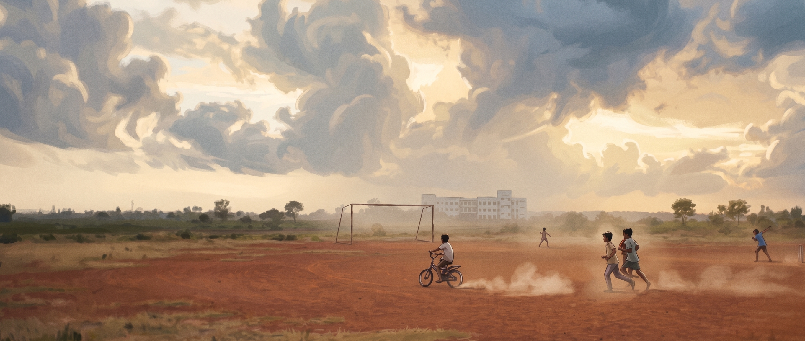 A red dirt field with a goalpost, the school in the distance, boys playing