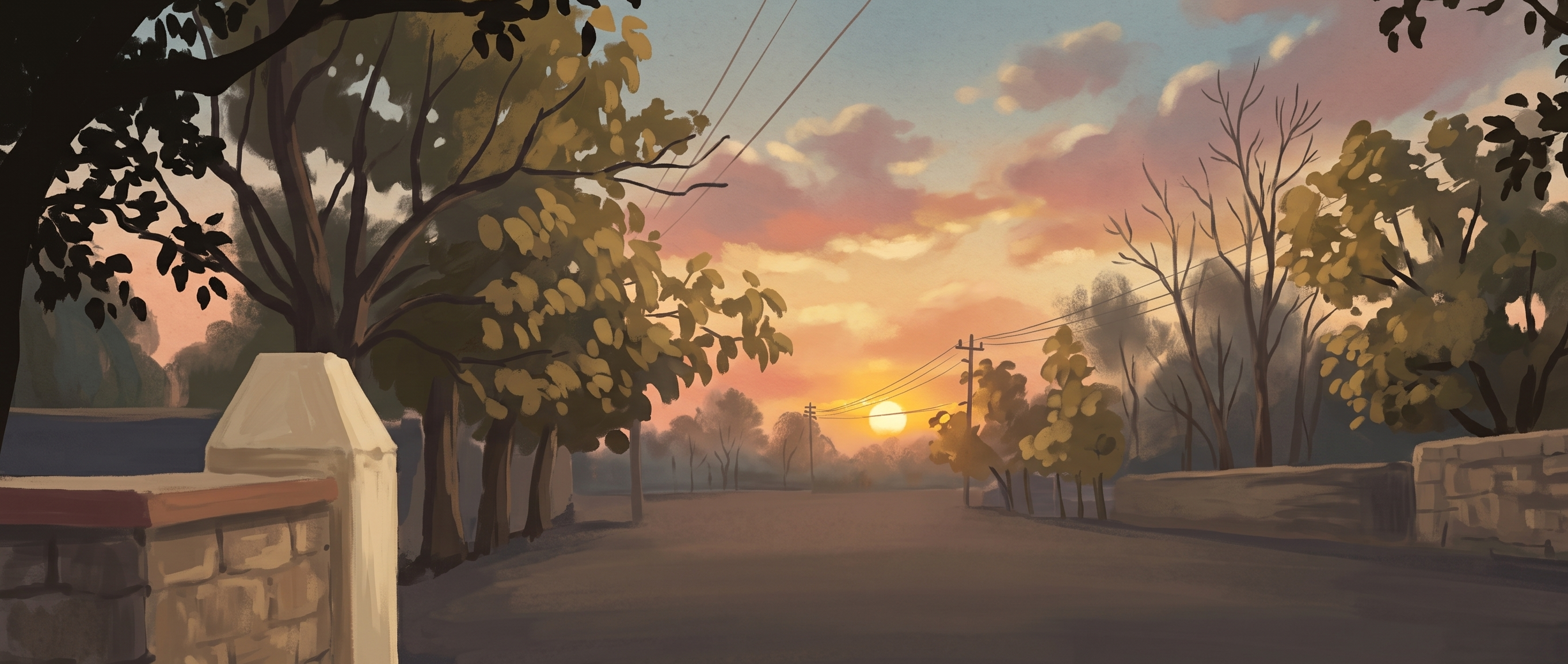A tree-lined school road at dusk