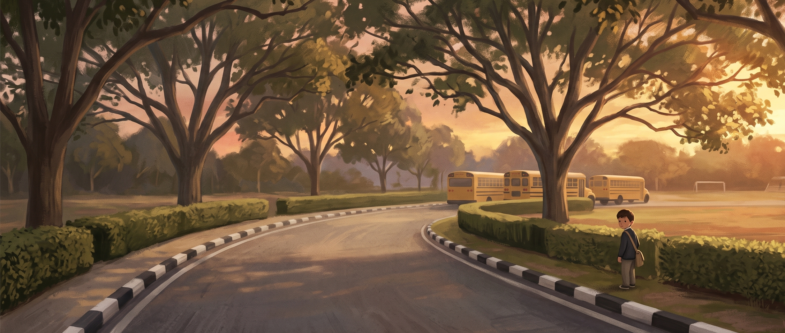 A tree-lined school road at dusk, buses, a boy with a satchel