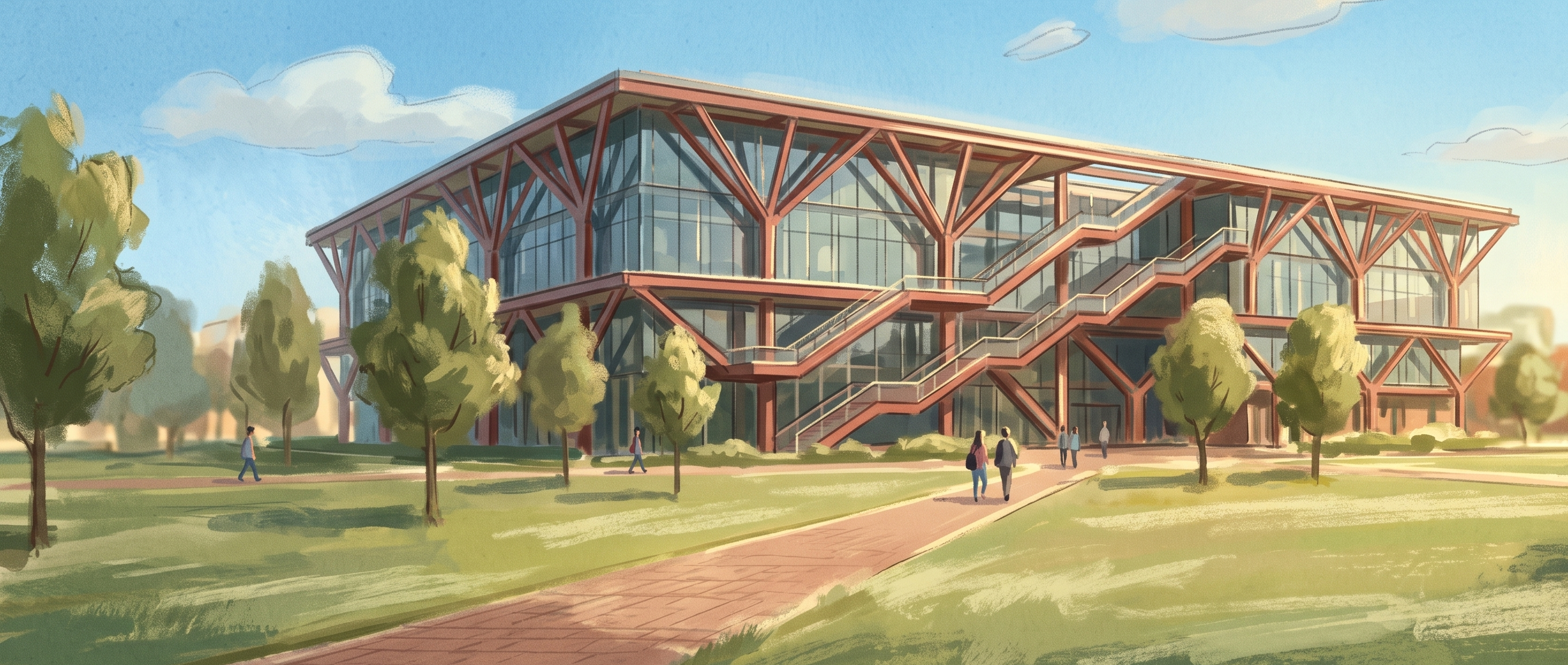 A glass-and-red-truss university building, lawn and a brick path
