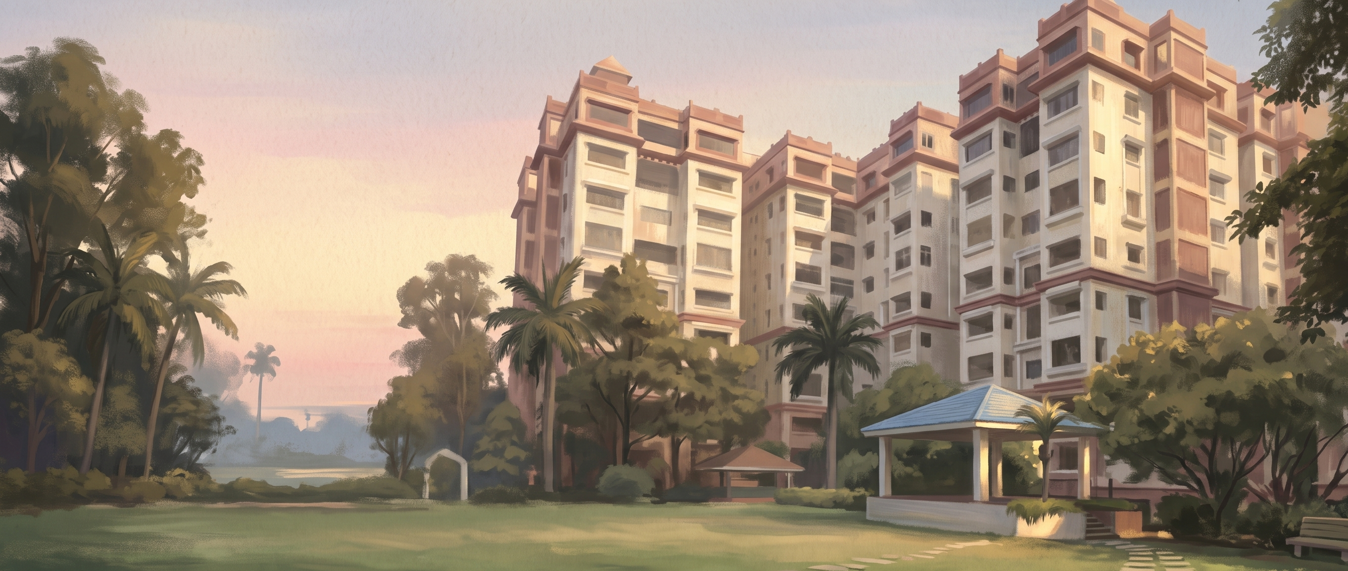 An apartment building at dawn, a lawn and a gazebo