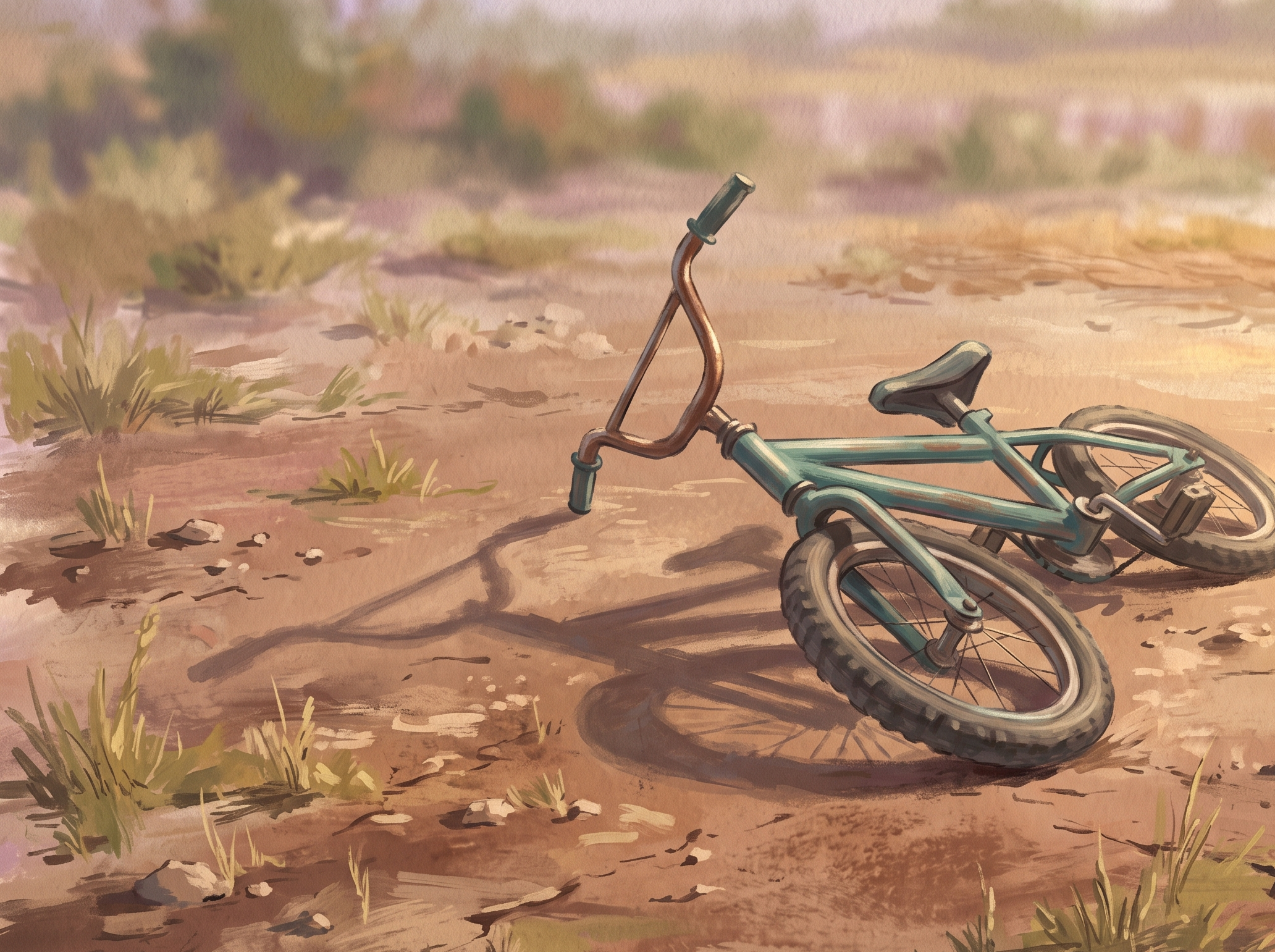 A bicycle lying on its side in an open field