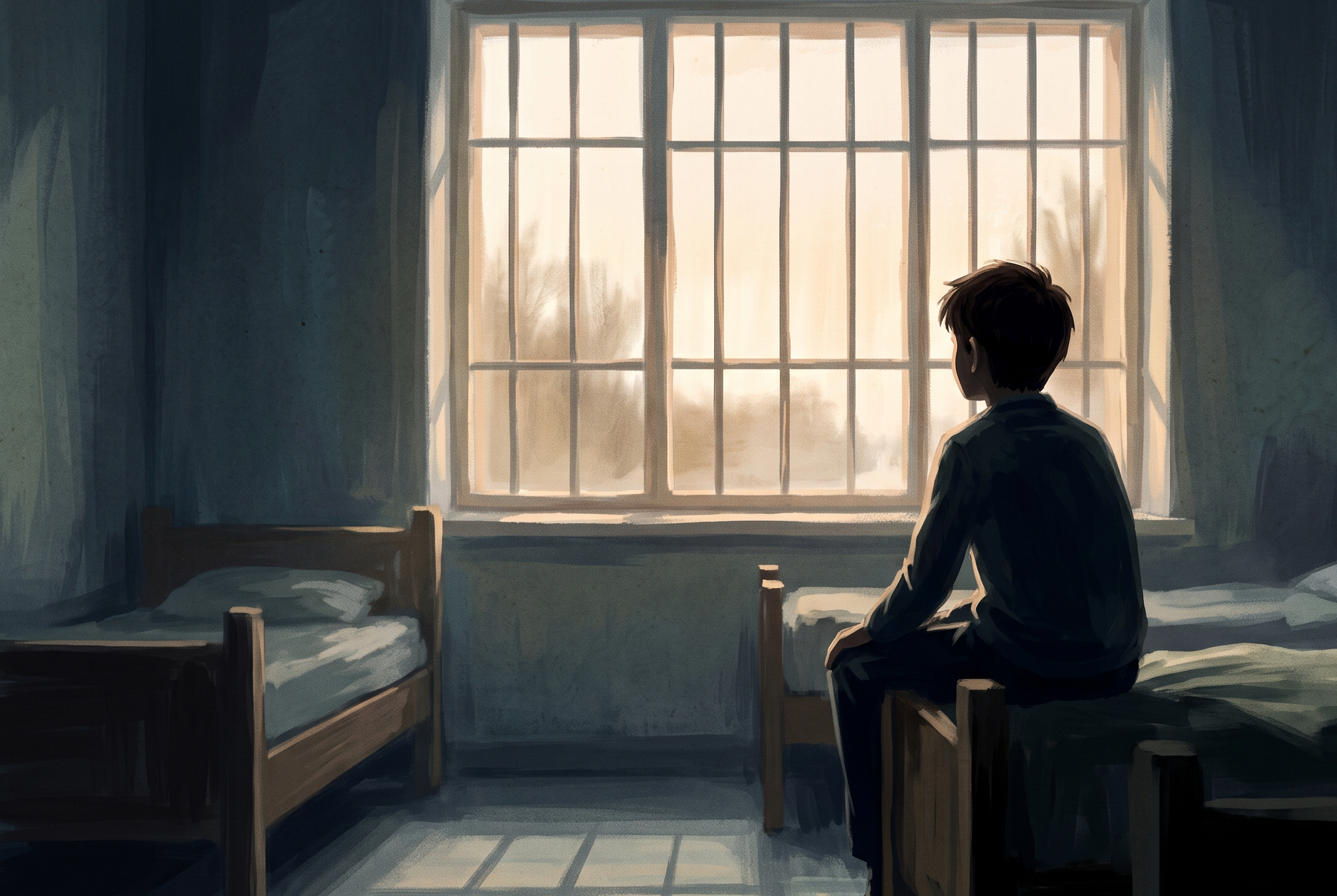 A boy at the window, head lifted slightly