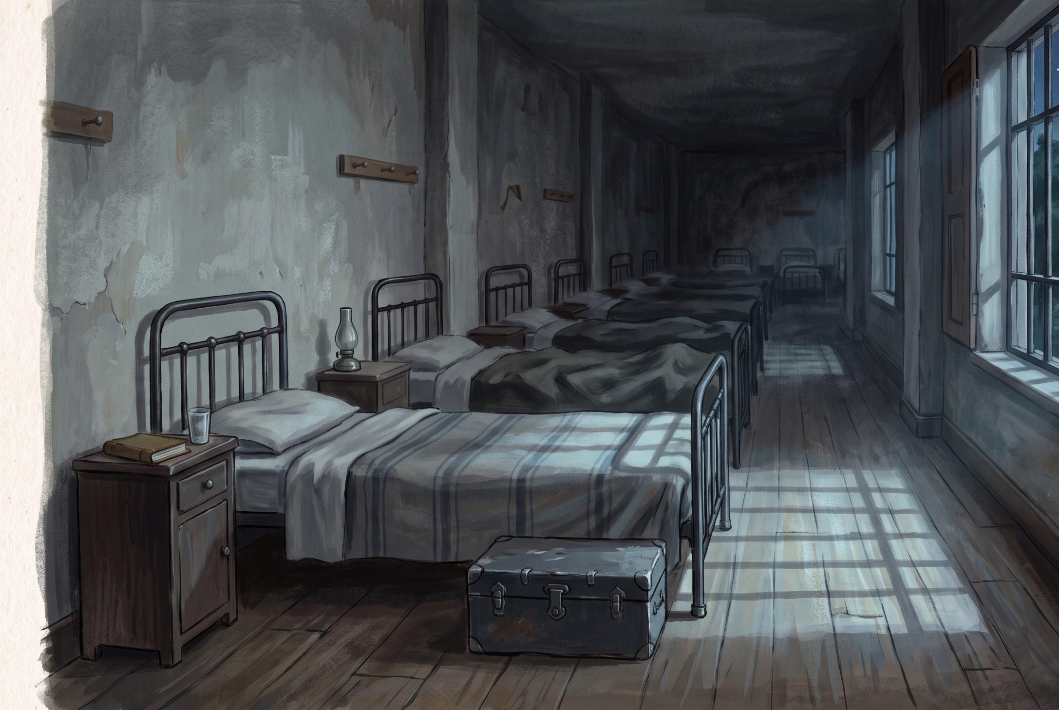 The dormitory at night, wide shot