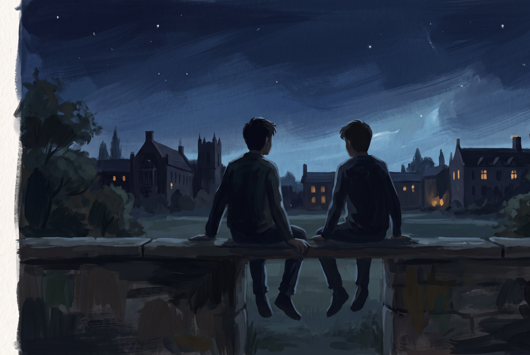 Two figures on a boundary wall at night, backs to camera, campus lights distant