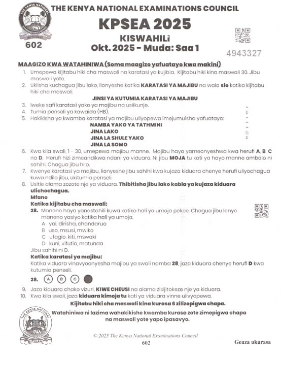 2025 KPSEA KISWAHILI (Subject Code 602)