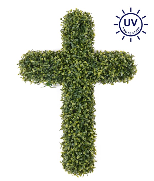 Artificial Boxwood Cross Wreath, UV Protection 24" TT Green (Outdoor