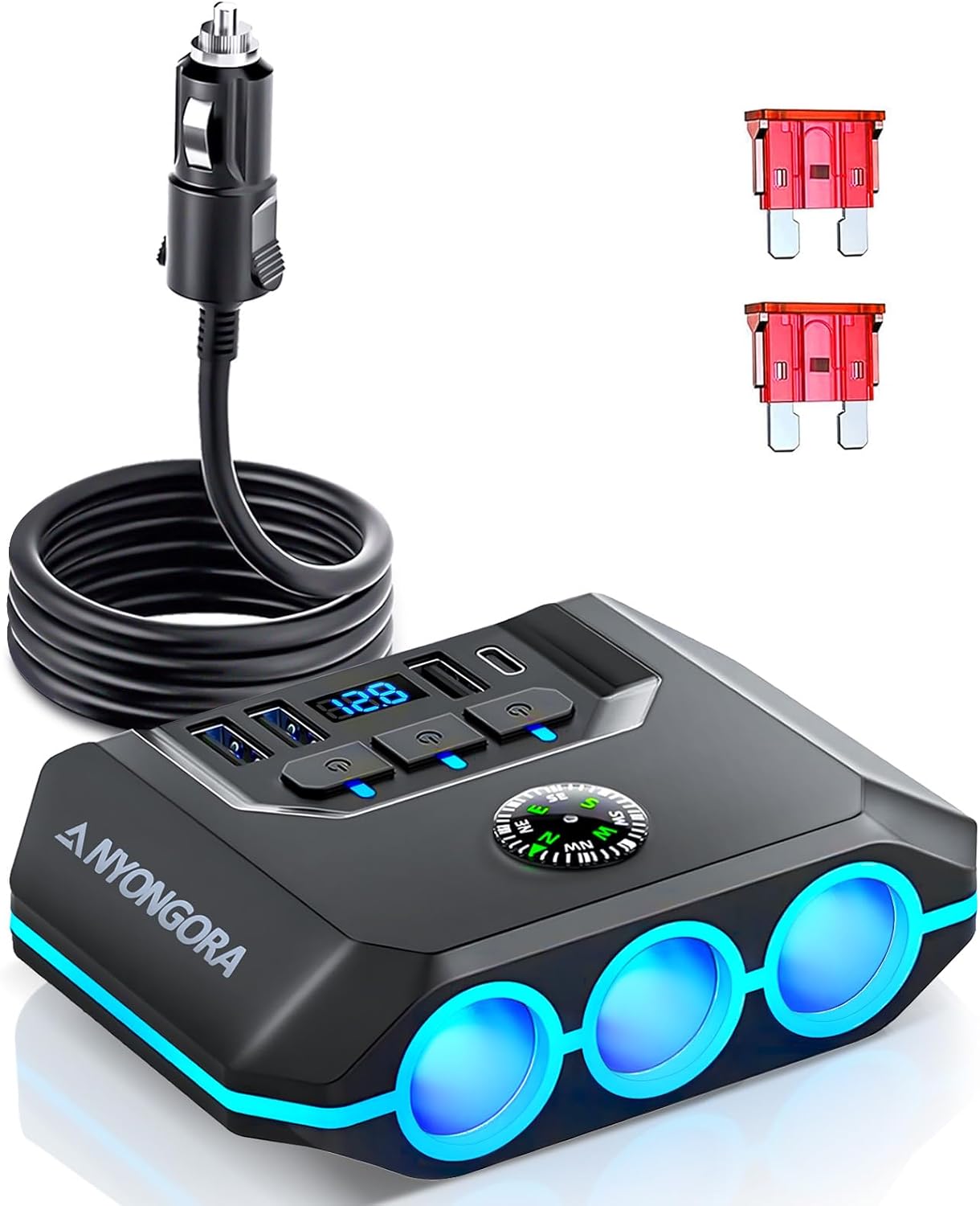 Cigarette Lighter Splitter, 120W Car Charger Adapter with USB & PD, 7 in 1 Multi Port Power Plug with Independent Switches & LED Voltage Display for 12V- 24V Vehicles (3.3FT Cable)