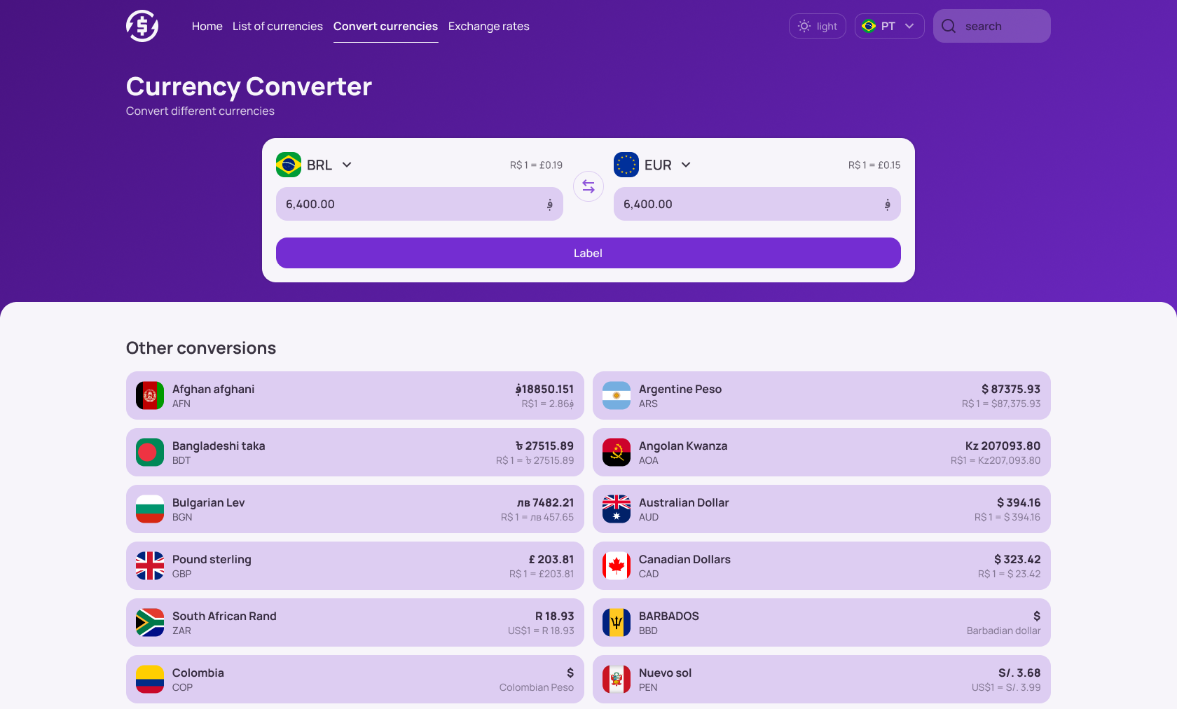 Currency Converter Home Page