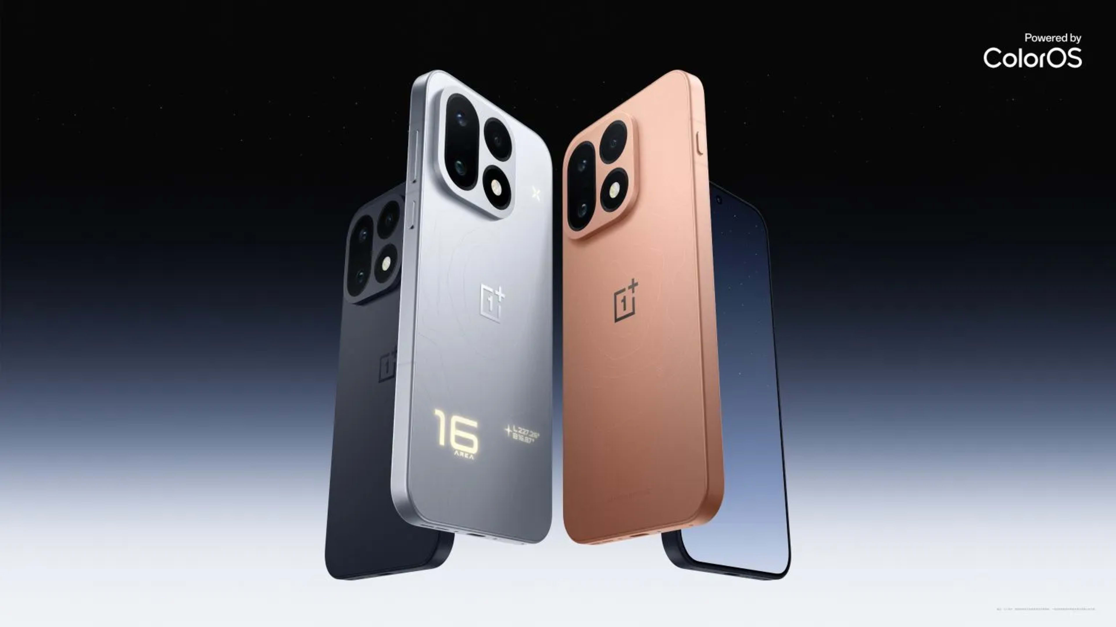 Official OnePlus 16 key visual showing the phone in all three launch colors plus a front display view against a gradient sky.