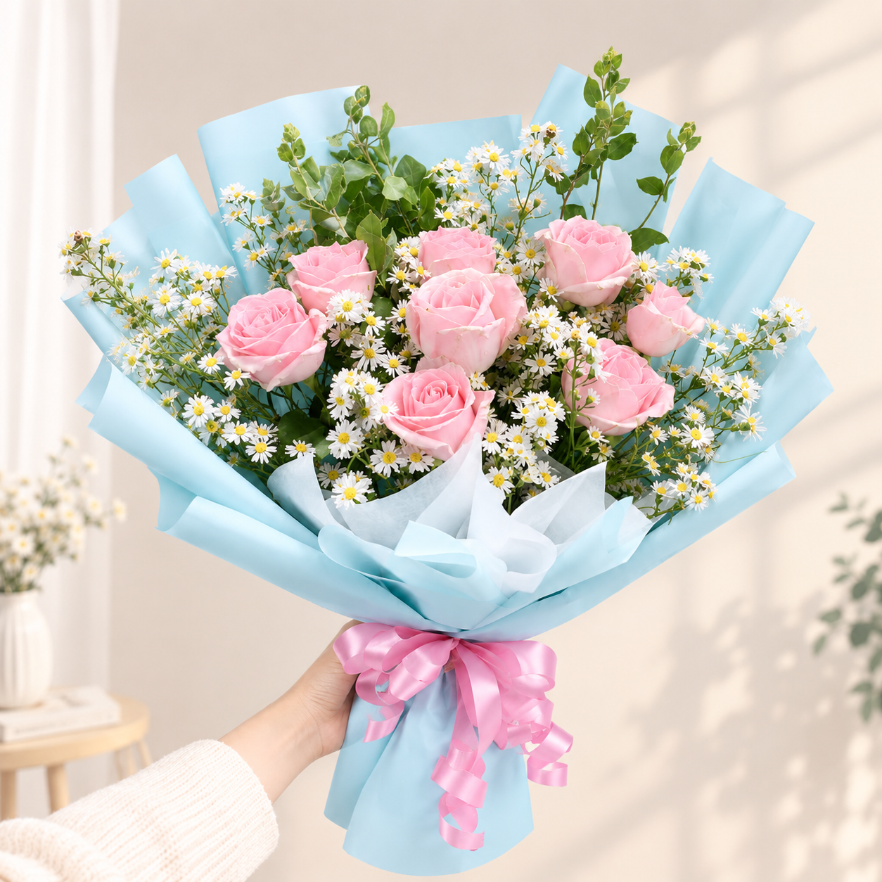 Buket Mini Mawar Blush Sky