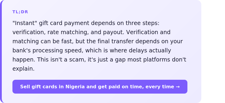 TL;DR summary card explaining instant gift card payment process with CTA to sell gift cards on KclautX
