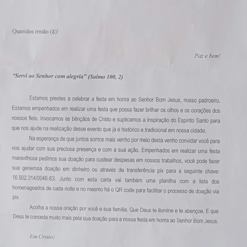 Capa de Convite e campanha de doações para a Festa do Senhor Bom Jesus