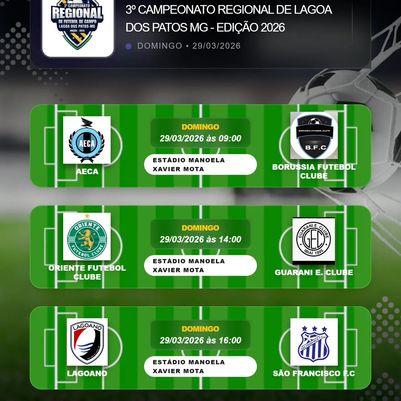 Rodada de domingo 29/03/2026 movimenta o Campeonato Regional de Lagoa dos Patos MG 2026