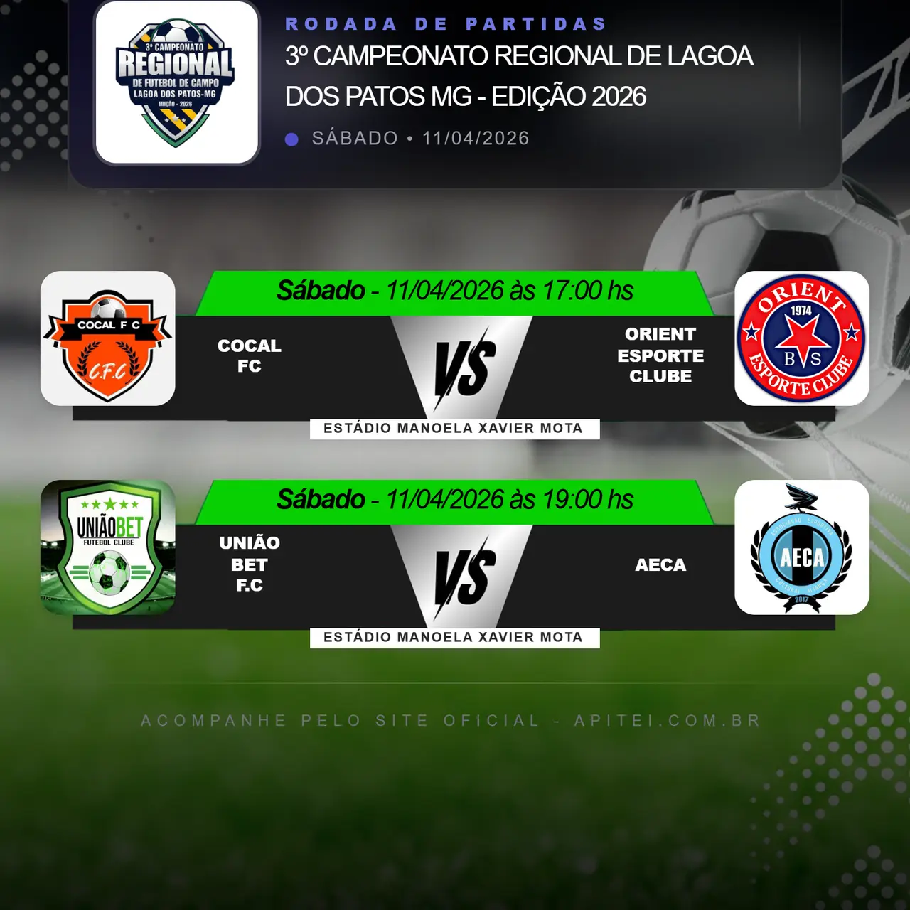 Sábado dia 11 de abril com abertura de Jogos Noturnos no Estádio Manoela Xavier Mota