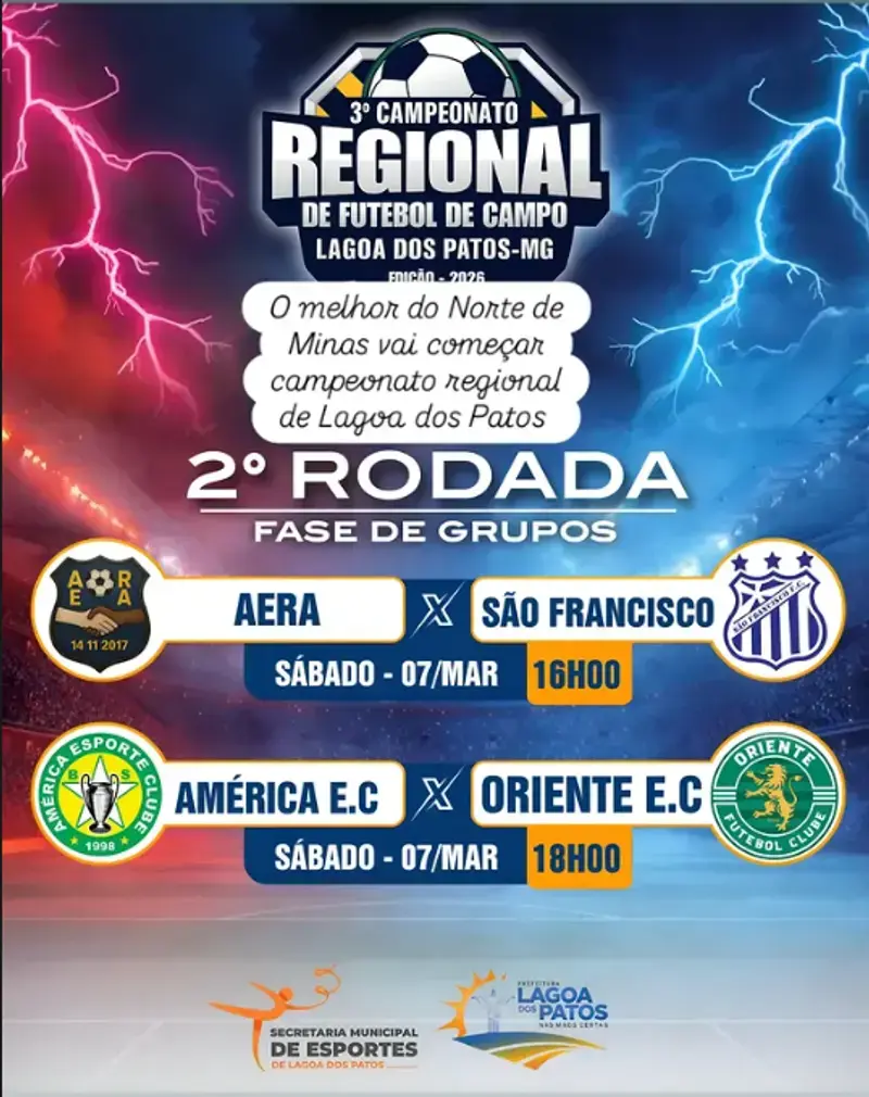 2ª rodada do 3º Campeonato Regional de Lagoa dos Patos 2026 acontece neste sábado com dois grandes jogos