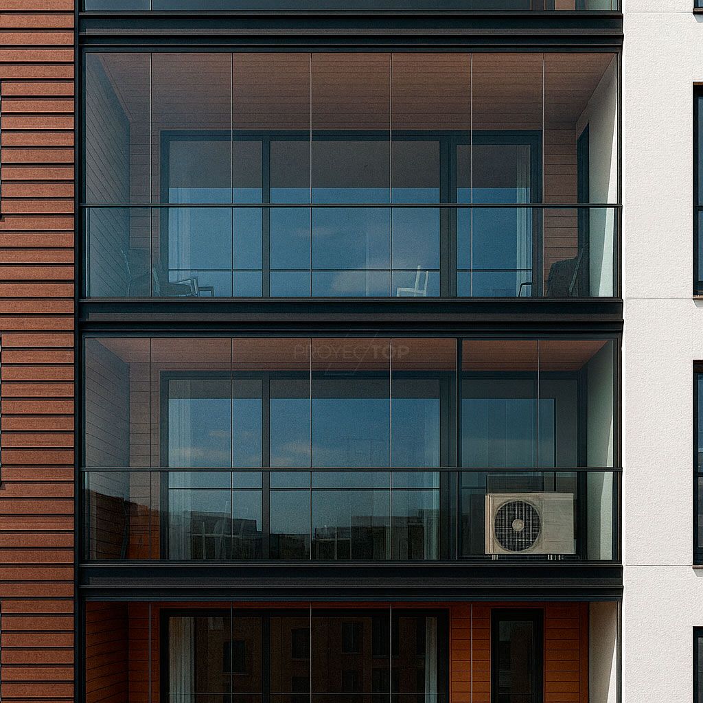 Terraza cerrada con cortina de cristal diseñada para albergar la unidad exterior del aire acondicionado
